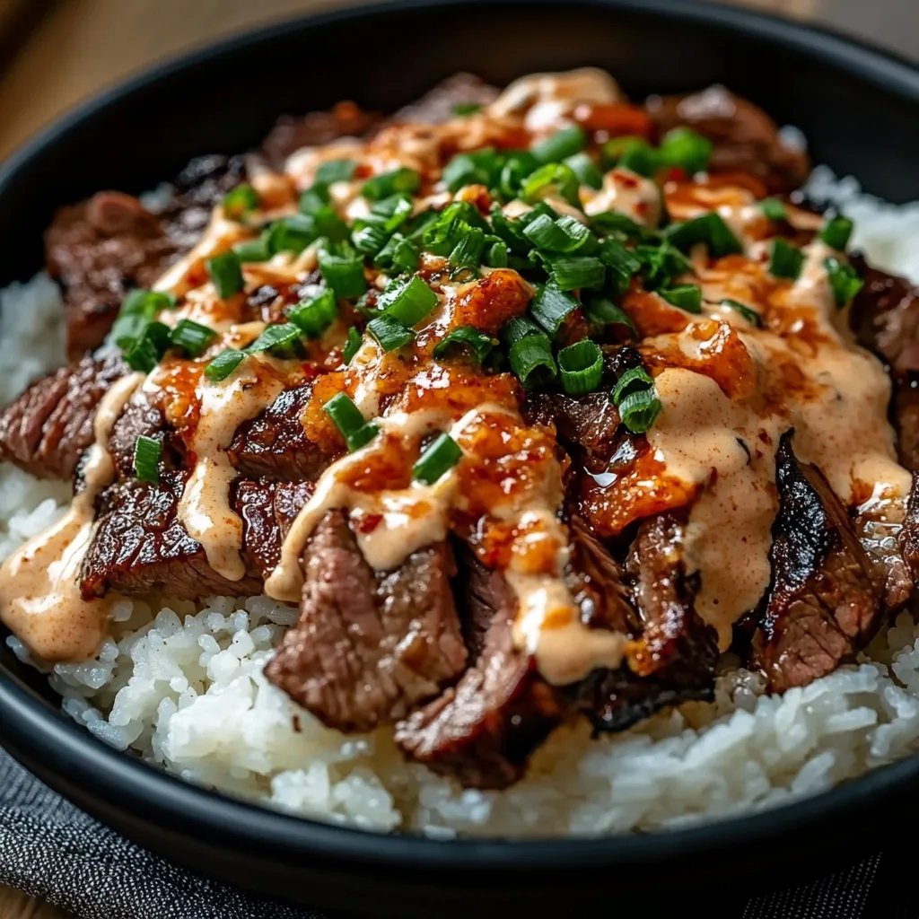 Korean BBQ Steak Rice Bowls with Spicy Cream Sauce